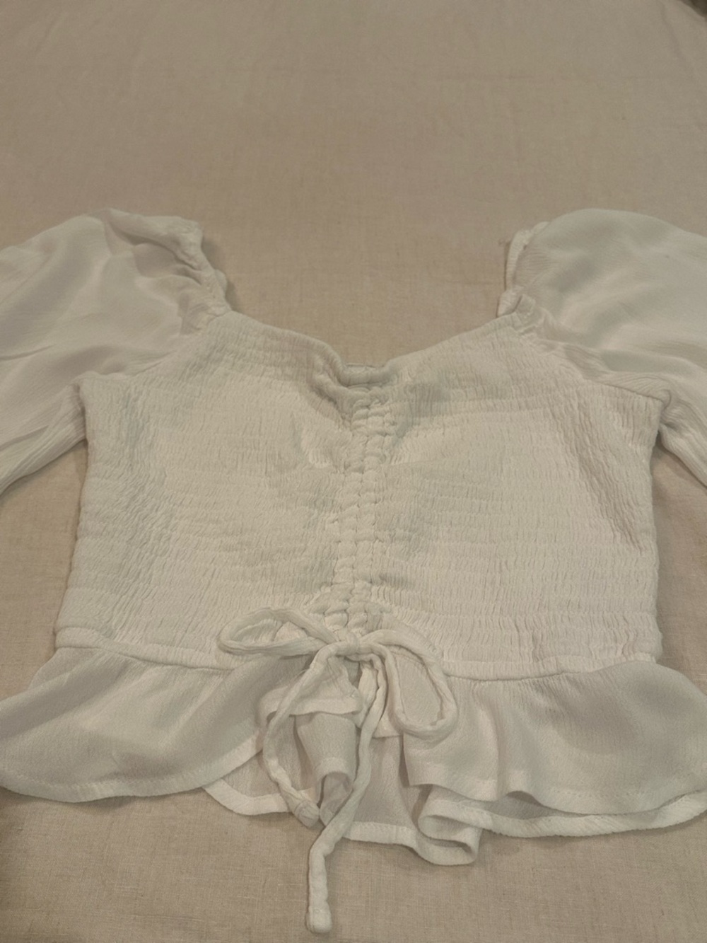Hollister White Puff Sleeve Ruched Tie-Front Peplum Top